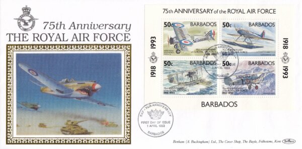 Barbados 1993 | 75th Anniversary of Royal Air Force Souvenir Sheet Benham FDC