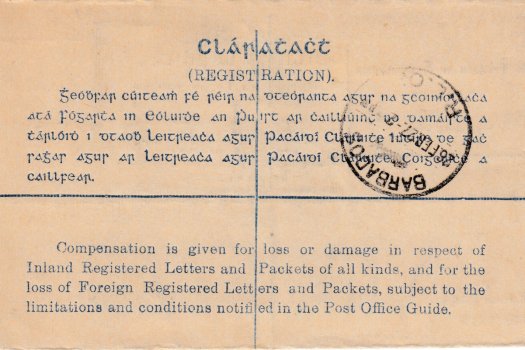 Inbound Registered envelope from Dublin to Barbados 1927 (rear)