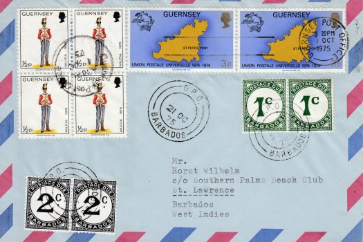 Barbados incoming underpaid cover sent from Guernsey 1st October 1975 to ℅ address, Southern Palms Beach Club , with GPO cancel over postage due stamps 21st October 1975. Postage Dues are 2 x 2c (SGD12) and 2 x 1c (SGD7)