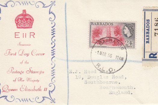 Barbados 1956 FDC dated 01.03.1956 with a single 24c stamps affixed. Stated in Part 1 to be released 02.03 1956 so this is a day early.