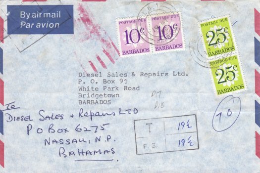 Barbados incoming unstamped airmail cover sent to Diesel Sales & Repairs Ltd, White Park Road, Bridgetown, with R.L.O. 1 cancel over postage due stamps 19th May 1982. Charged 70c Postage Due comprising 2 x 10c (SGD17) and 2 x 25c (SGD18), both in pairs. Cover forwarded to Nassau, Bahamas