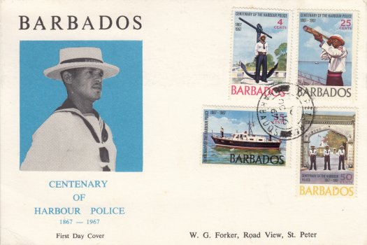 Barbados 1967 Harbour Police Centenary FDC - Rare W.G. Forker illustrated card with St Peter (10) CDS cancel