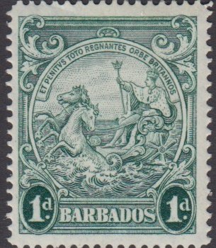 Barbados SG249bc | 1d Blue-Green p14 1938-47 George VI Badge of the Colony