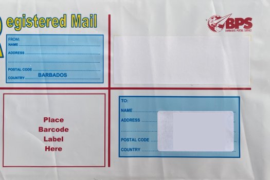 Type 1 - blue from and to, all pre printed on envelope. Barcode area white.