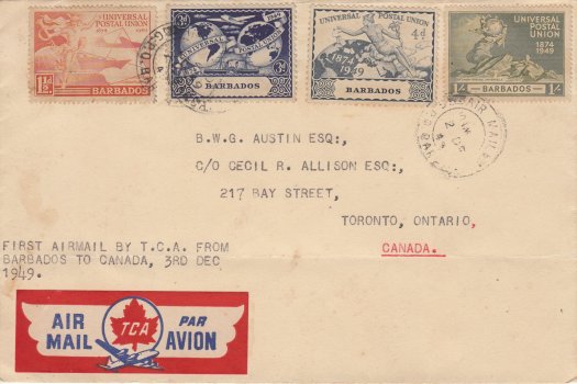 Barbados to Toronto via Trinidad TCA First Flight Cover 2nd December 1949
