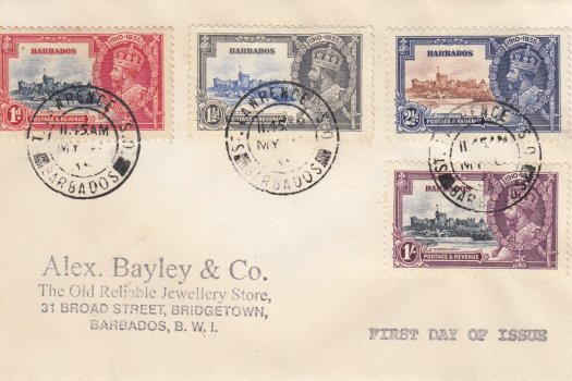 Barbados Silver Jubilee 1935 FDC on Alex Bayley cover with St. Lawrence S.O. CDS