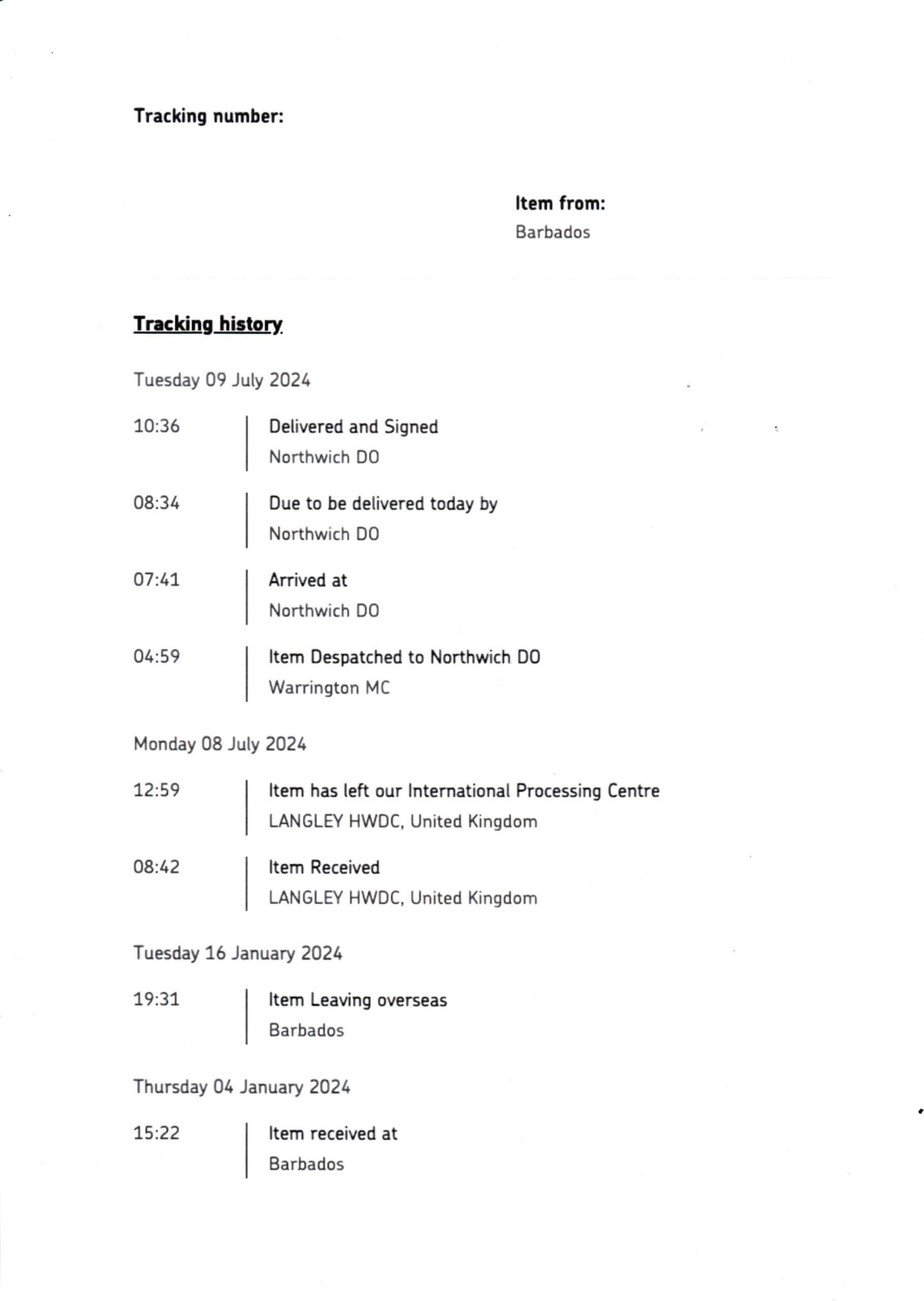 Barbados Registered Envelope 2024 tracking data