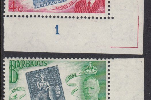 Barbados SG285-288 Barbados Stamp Centenary with plate numbers