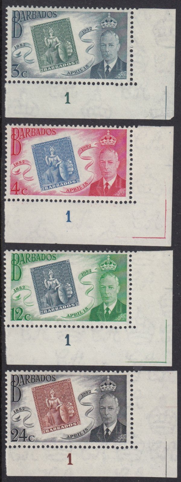 Barbados SG285-288 Barbados Stamp Centenary with plate numbers