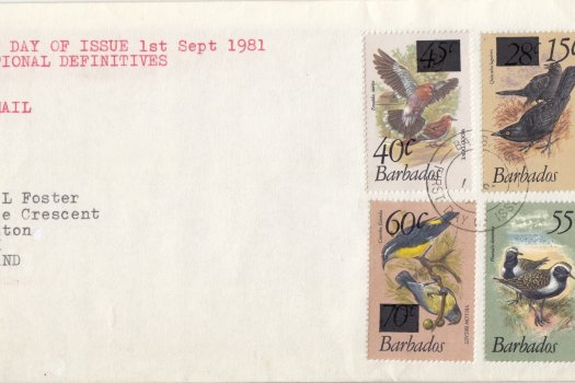 Barbados 1981 - Surcharged Bird definitives and 55c new issue on plain FDC 1st September 1981