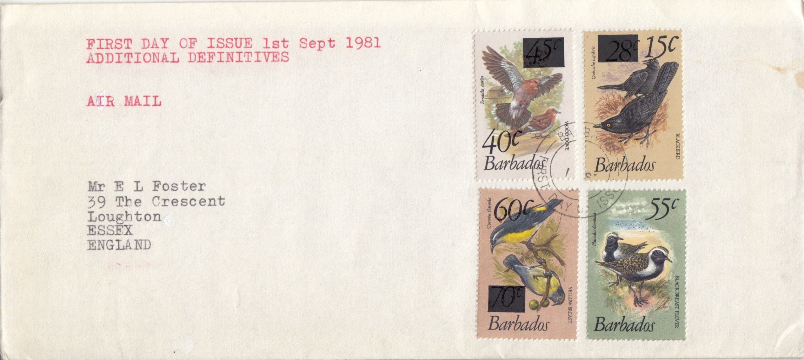 Barbados 1981 - Surcharged Bird definitives and 55c new issue on plain FDC 1st September 1981