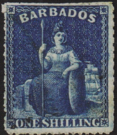 Barbados SG34a - One shilling error of colour (image from 'Barbados The Britannia Issues' by M. Fitz Roett)