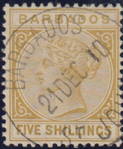 Barbados Victoria Keyplate 5/- with rare St John Parish cancel