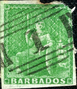 A badly damaged Barbados Stamp